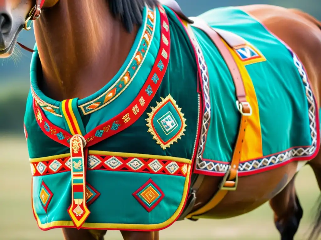 Detalles vibrantes de la vestimenta ecuestre mongola, reflejando el arte y la tradición centenaria