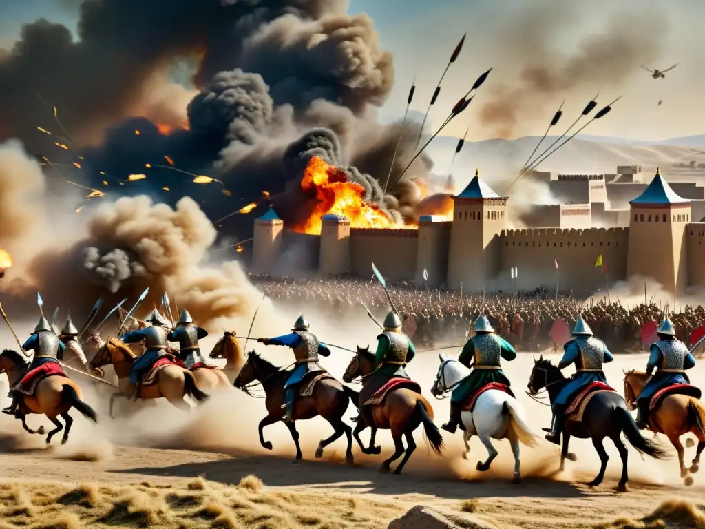 La devastación de la conquista del Imperio Mongol en Persia: caos de batalla, flechas volando, caballería cargando y edificios en llamas