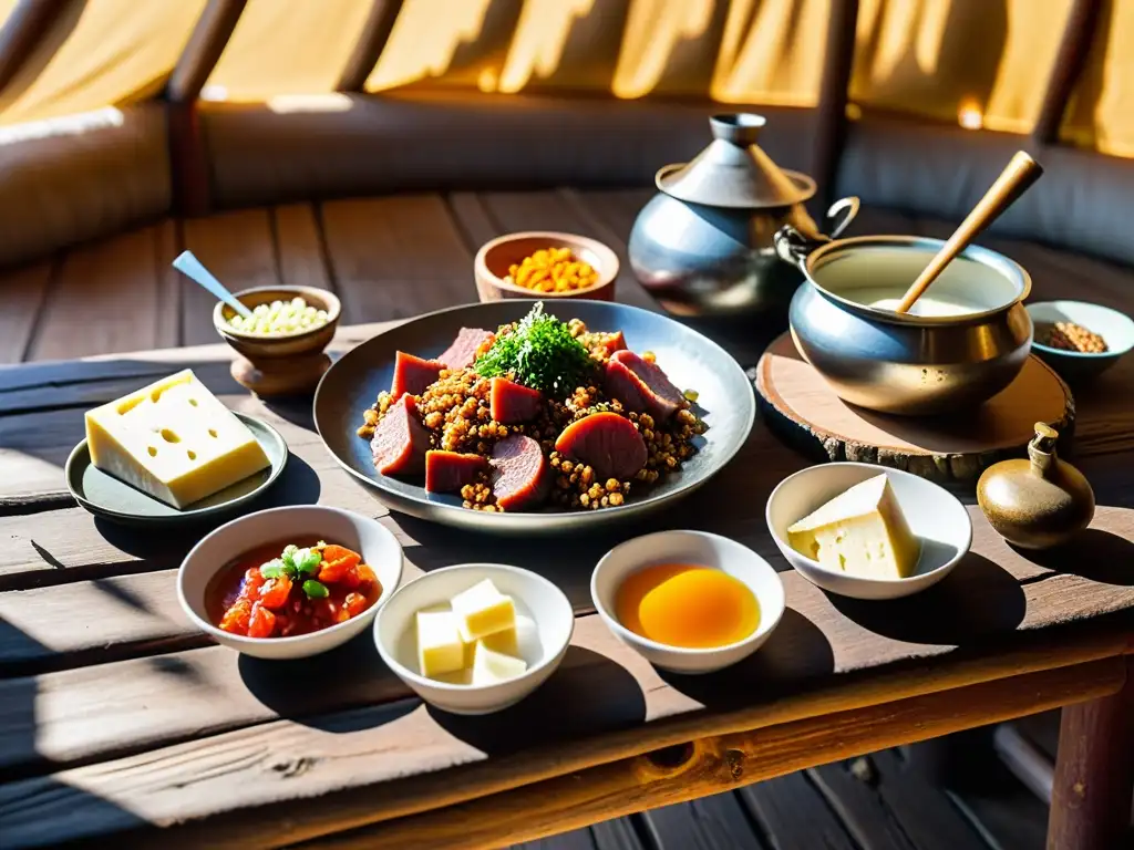 Dieta guerreros Imperio Mongol: Fotografía detallada de la comida tradicional mongola en una mesa de madera, resaltando su rusticidad y practicidad