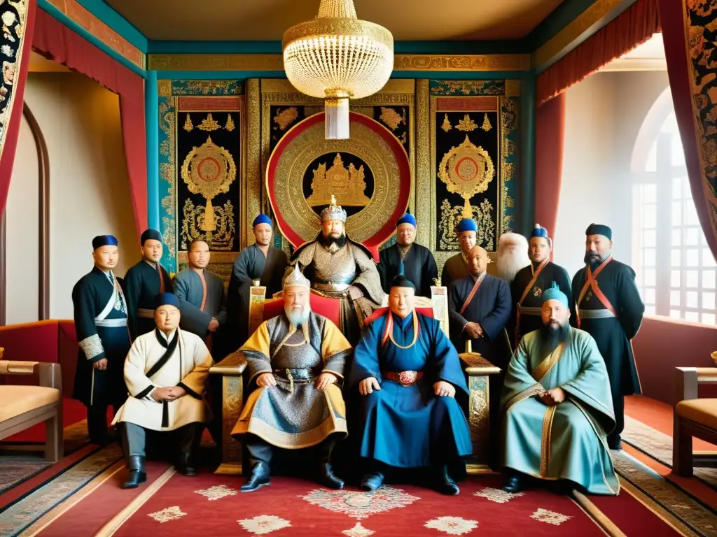 Diplomacia y espionaje en Imperio Mongol: Genghis Khan en su trono rodeado de generales y diplomáticos en un palacio opulento