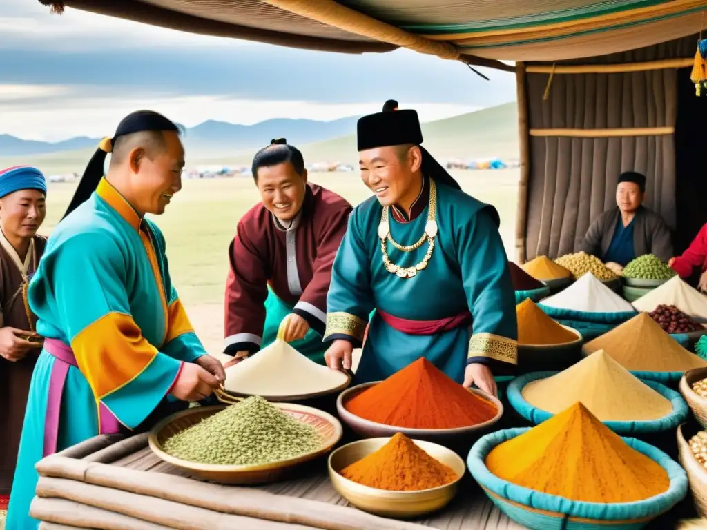 Diplomacia mongola en escena comercial vibrante de la antigua Mongolia, con comerciantes y detalles de vestimenta tradicional