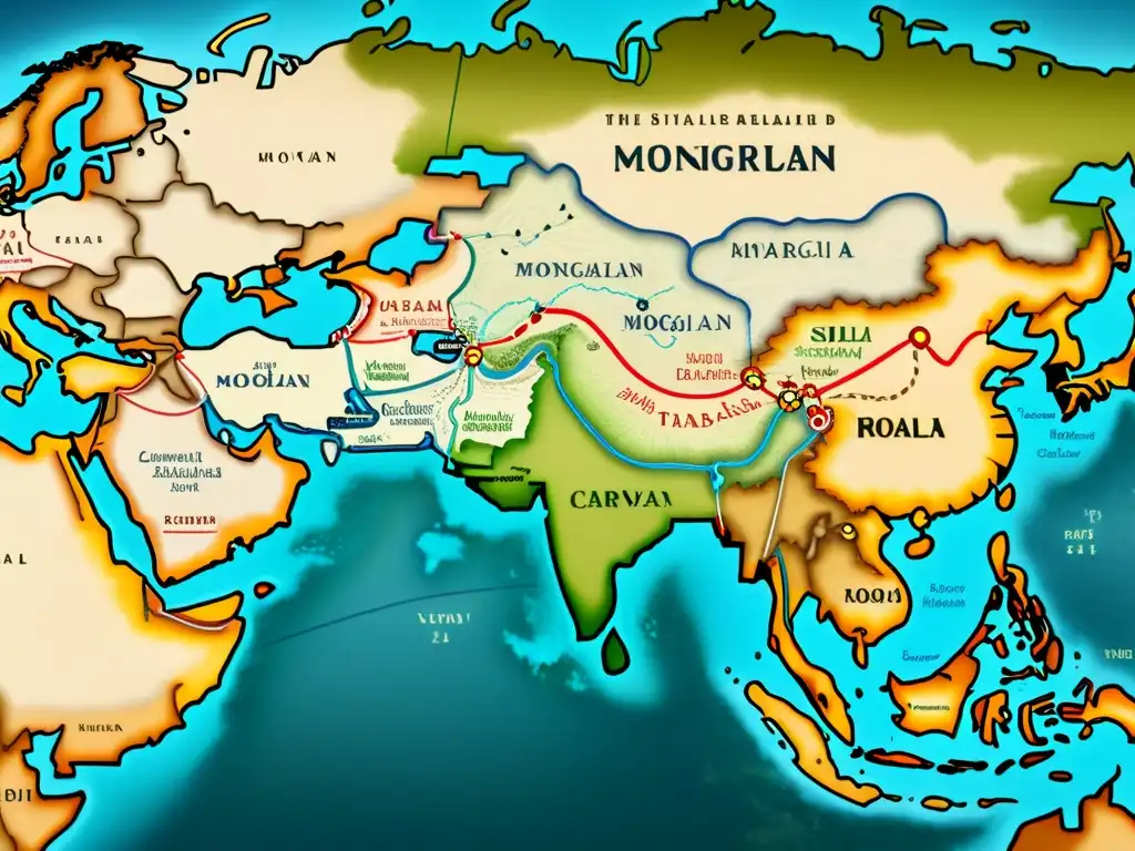 Diplomacia mongola rutas comerciales apertura: Detallado mapa histórico de la red de la Ruta de la Seda, con caravanas, ciudades y paisajes ilustrados