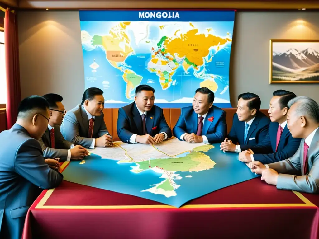 Diplomacia Mongola Siglo XXI: Reunión de diplomáticos en trajes tradicionales, discutiendo estrategias frente a un mapa del mundo y de Mongolia