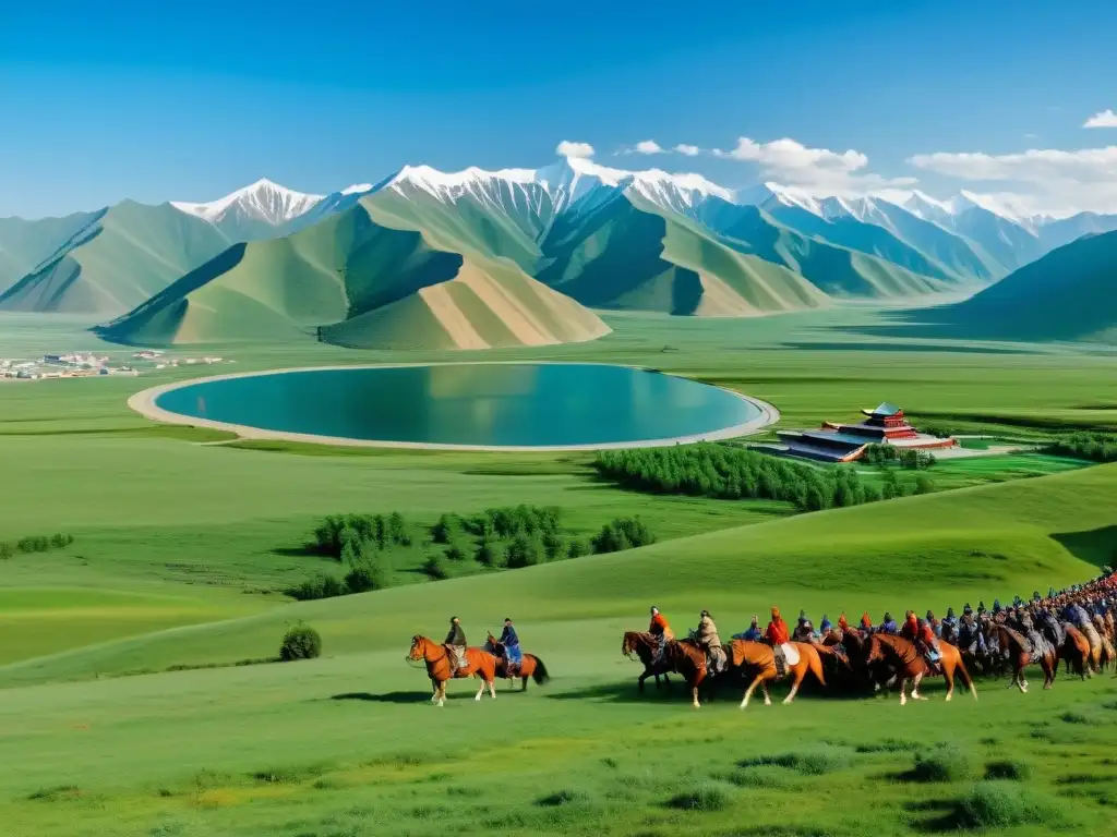 Diplomacia en el reinado de Ögedei Khan: Vista panorámica del vasto Imperio Mongol, con diplomáticos en reunión entre paisajes diversos