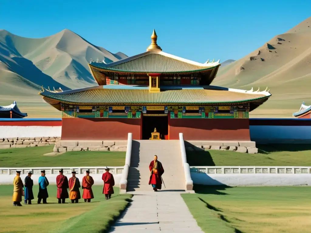 Diplomacia religiosa en el Imperio Mongol: majestuoso templo con embajadores y figuras religiosas en diálogo pacífico