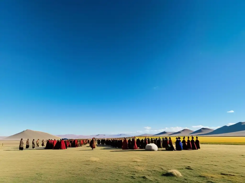 Diplomacia religiosa en el vasto Imperio Mongol: ceremonia pacífica con líderes locales en la estepa mongola