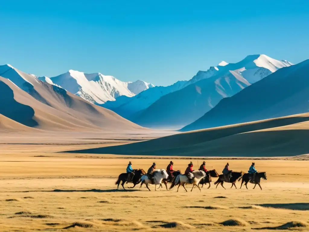 Diplomacia en rutas menores mongolas: Nómadas mongolas cabalgan por la estepa, pastoreando yaks y ovejas, bajo un cielo azul