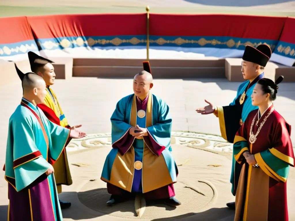 Diplomáticos mongoles en ceremonia tradicional discuten diplomacia en un patio soleado con paisaje mongol de fondo