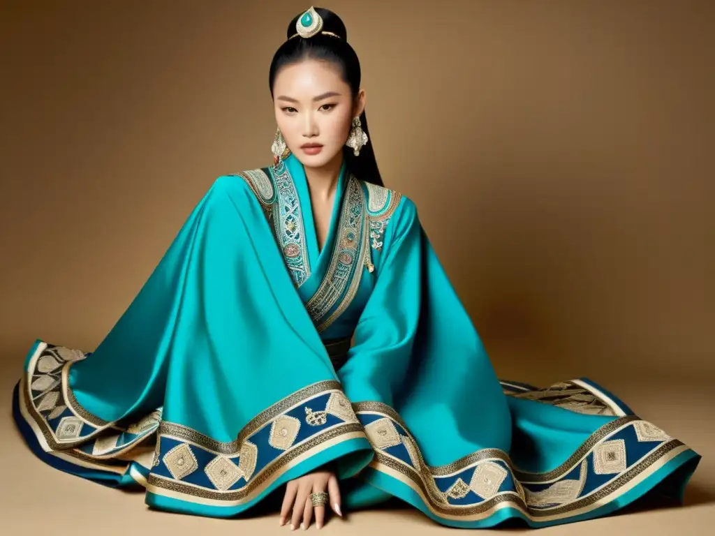 Un diseñador mongol de moda alta gama ancestral crea una obra maestra, fusionando tradición y elegancia contemporánea