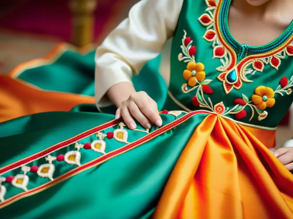 Una diseñadora de moda mongola borda patrones tradicionales en alta costura sobre un vestido de seda, mostrando destreza y elegancia