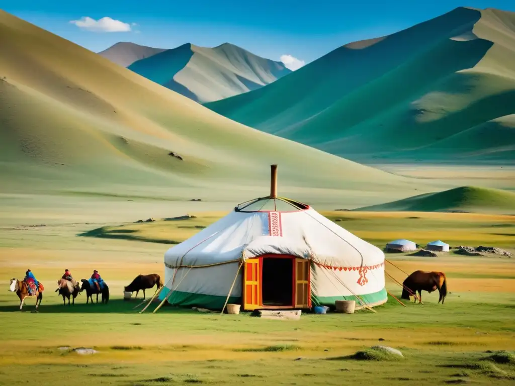 Una yurta tradicional mongola con diseños pintados a mano y textiles coloridos, en medio del vasto paisaje de Mongolia, donde pastorean nómadas