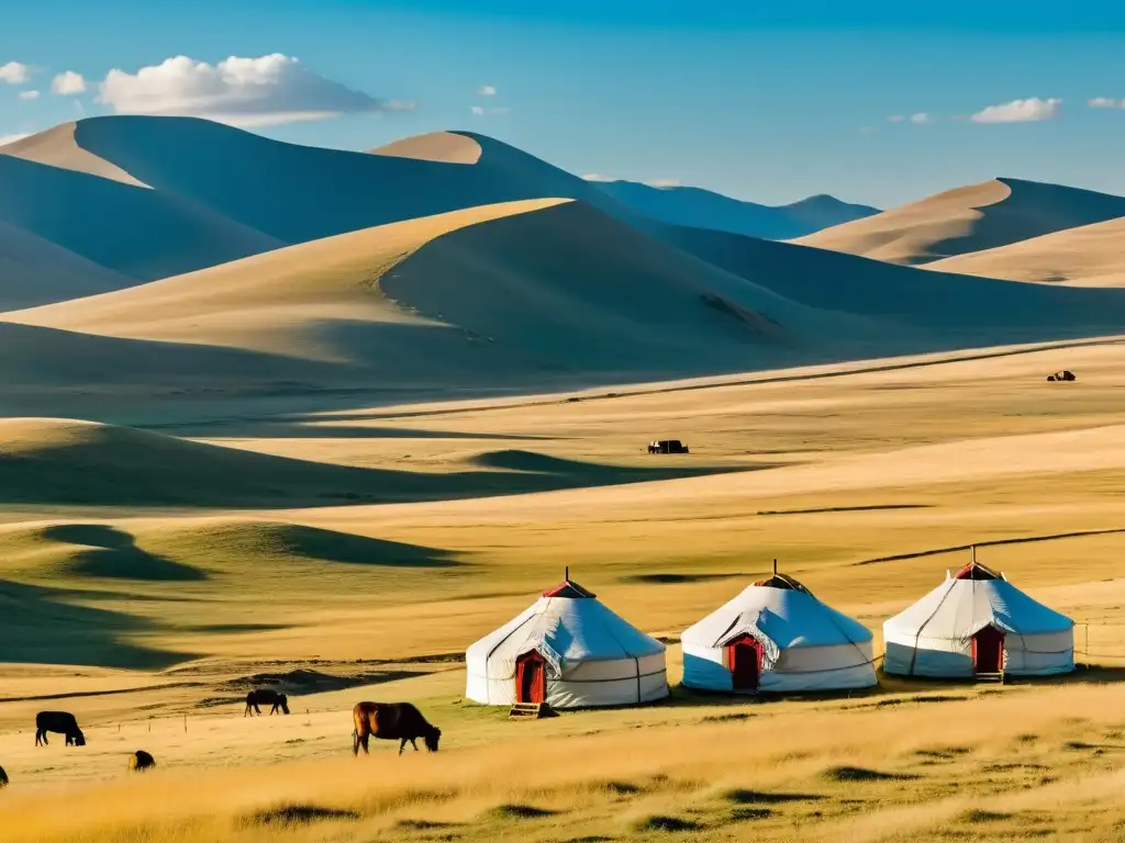 Diversidad lingüística del Imperio Mongol: La inmensa estepa mongola se extiende con yurtas nómadas y ganado, bajo un cielo azul y montañas al fondo