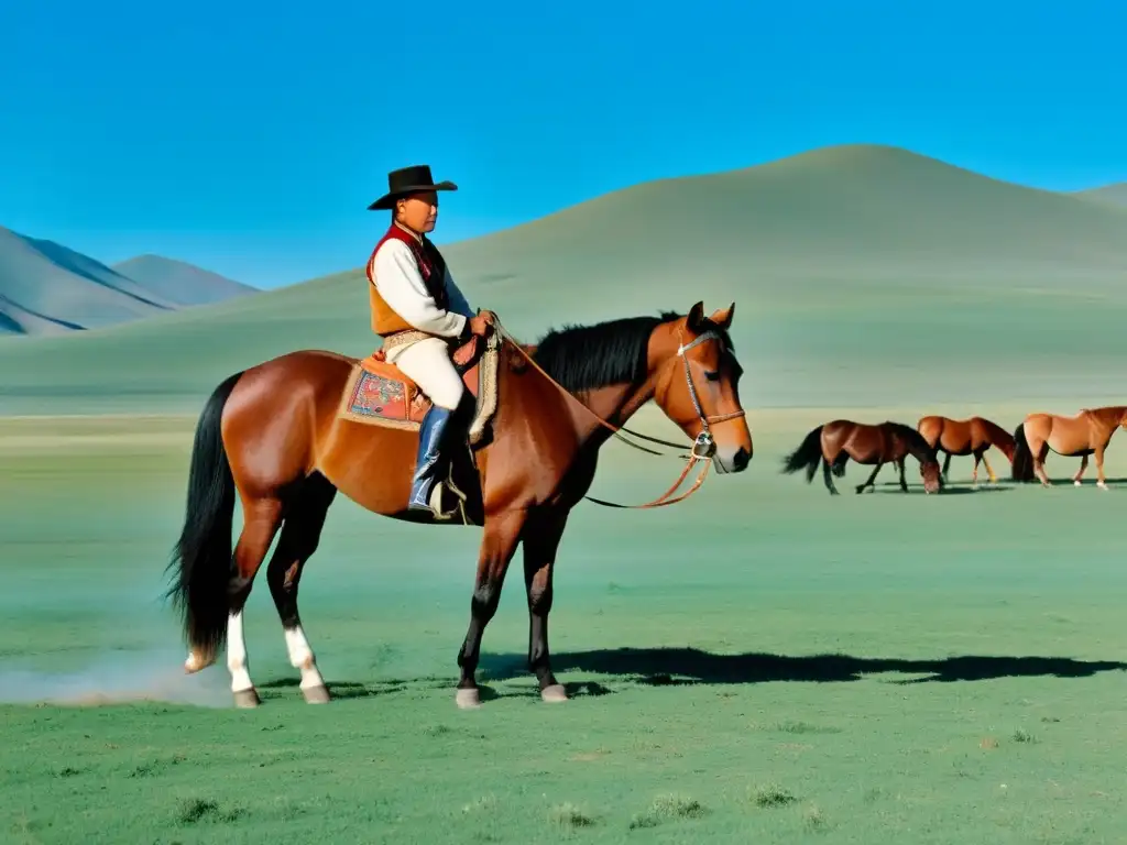 Un domador de caballos mongol viste atuendo tradicional en la vasta estepa, domando un hermoso caballo color castaño