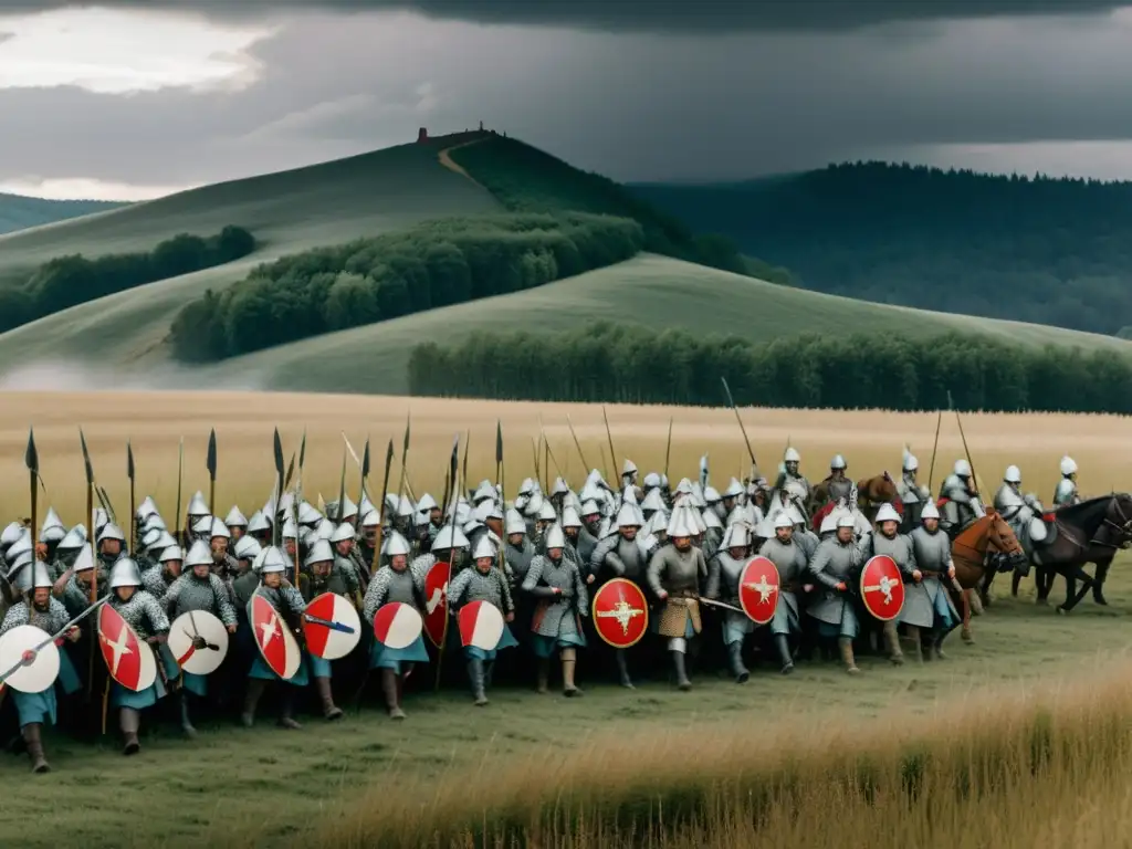 Recreación dramática de la Batalla de Legnica: Resistencia europea contra Imperio Mongol en un paisaje de colinas y cielo nublado