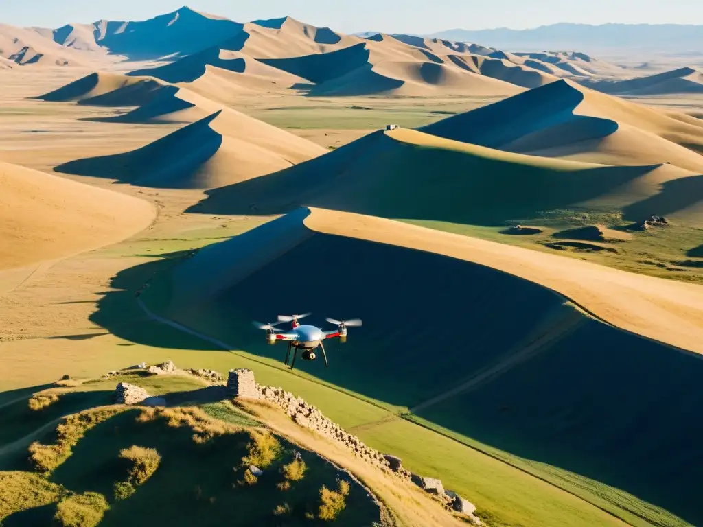Un drone explora sitios arqueológicos en el vasto paisaje del Imperio Mongol, fusionando tecnología moderna y antigua historia