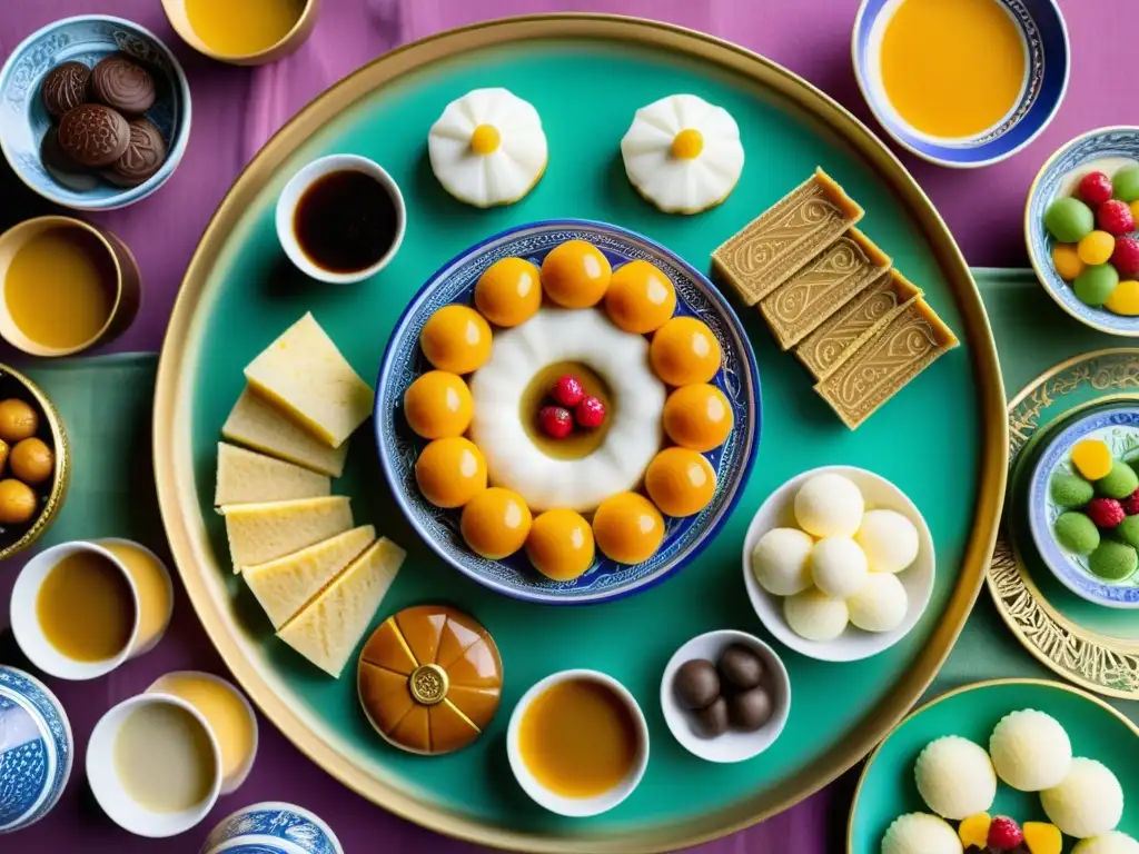 Dulces tradicionales en la dieta mongola: una mesa llena de delicias coloridas y detalladas, reflejo de la rica tradición y arte culinario de Mongolia