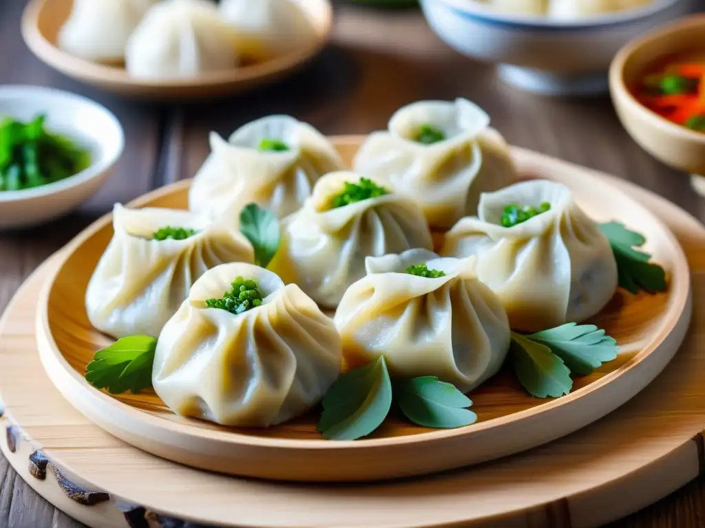 Dumplings tradicionales de Mongolia en plato decorado, con vapor y salsas, en ambiente cultural