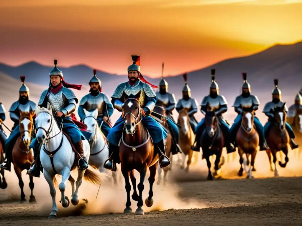 Un ejército de guerreros mongoles a caballo avanza en las llanuras de Persia al atardecer rojo sangre