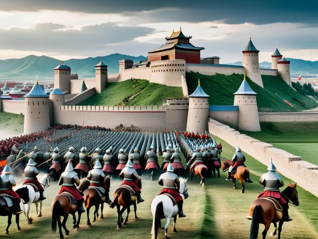 El ejército mongol a caballo rodea una ciudad europea fortificada con máquinas de asedio, bajo un cielo amenazante