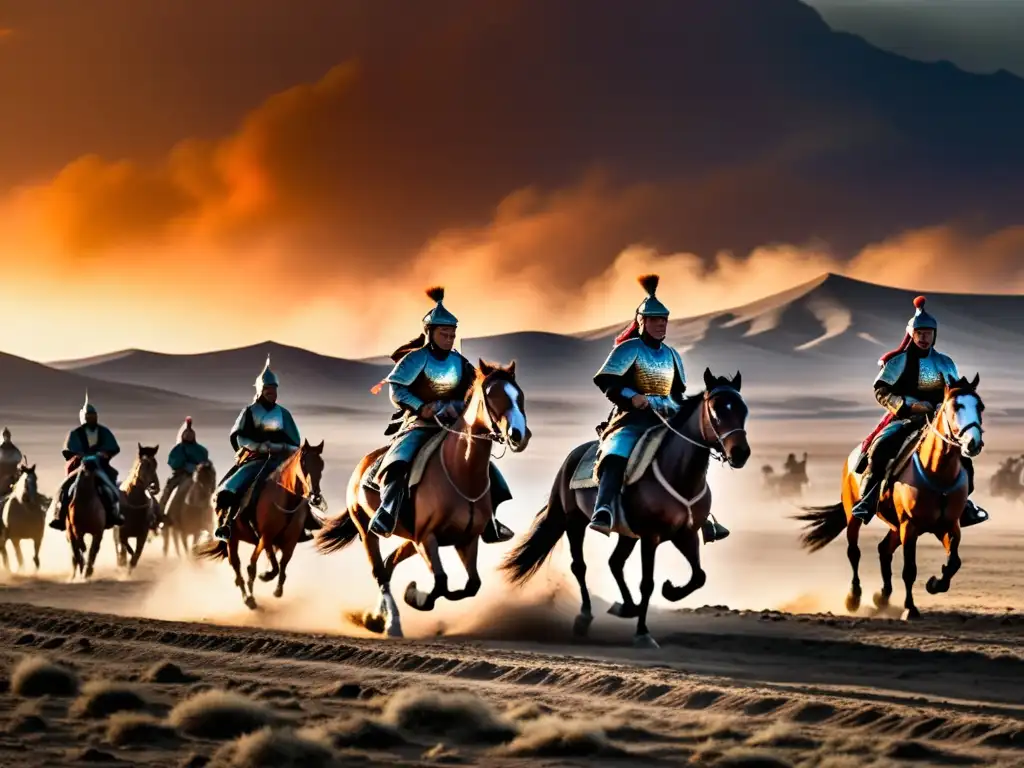 Un ejército mongol a caballo en un paisaje desolado al atardecer, evocando el uso del terror en campañas mongolas