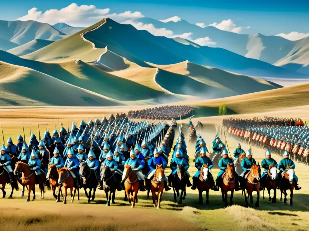 Ejército mongol en formación, con guerreros montados y paisaje vasto