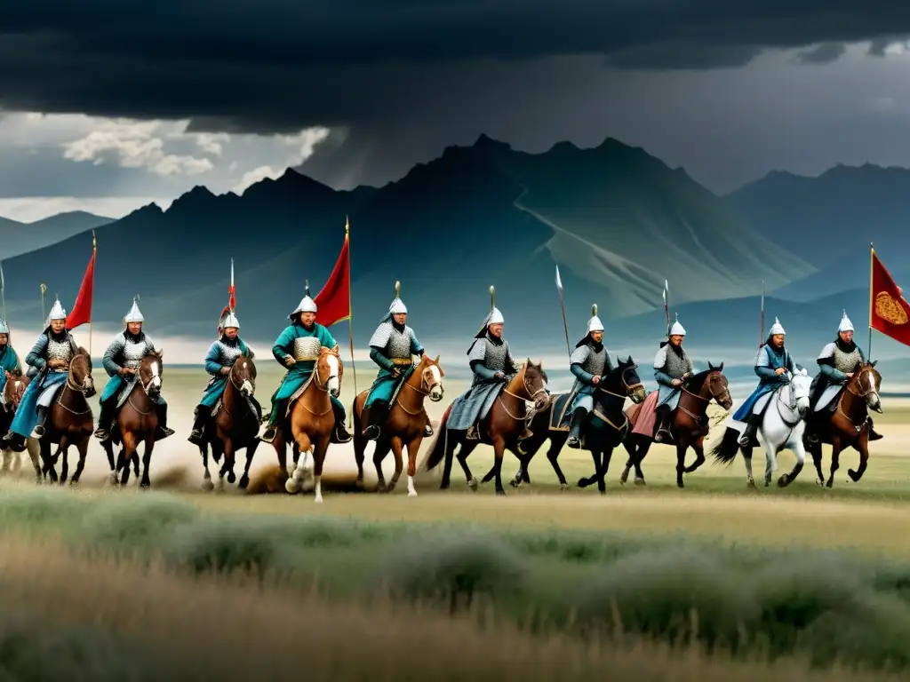 Ejército mongol cabalgando por las llanuras europeas bajo un cielo tormentoso, mostrando su detalle y estrategias de guerra mongolas en Europa