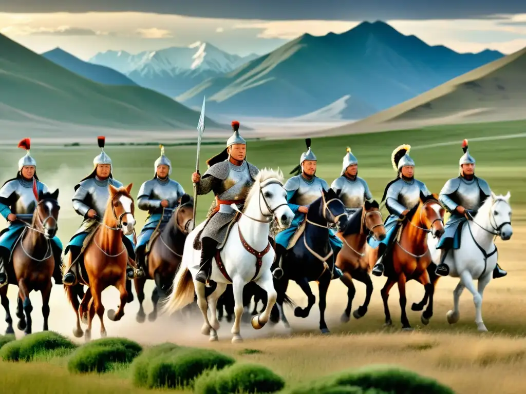 Gengis Khan lidera un ejército mongol en las vastas estepas de Asia Central, reflejando la historia del Imperio Mongol con intensidad