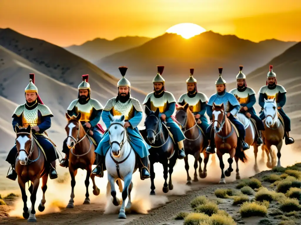 Hulagu Khan liderando su ejército a través de Persia al atardecer, mostrando el liderazgo de los khans mongoles