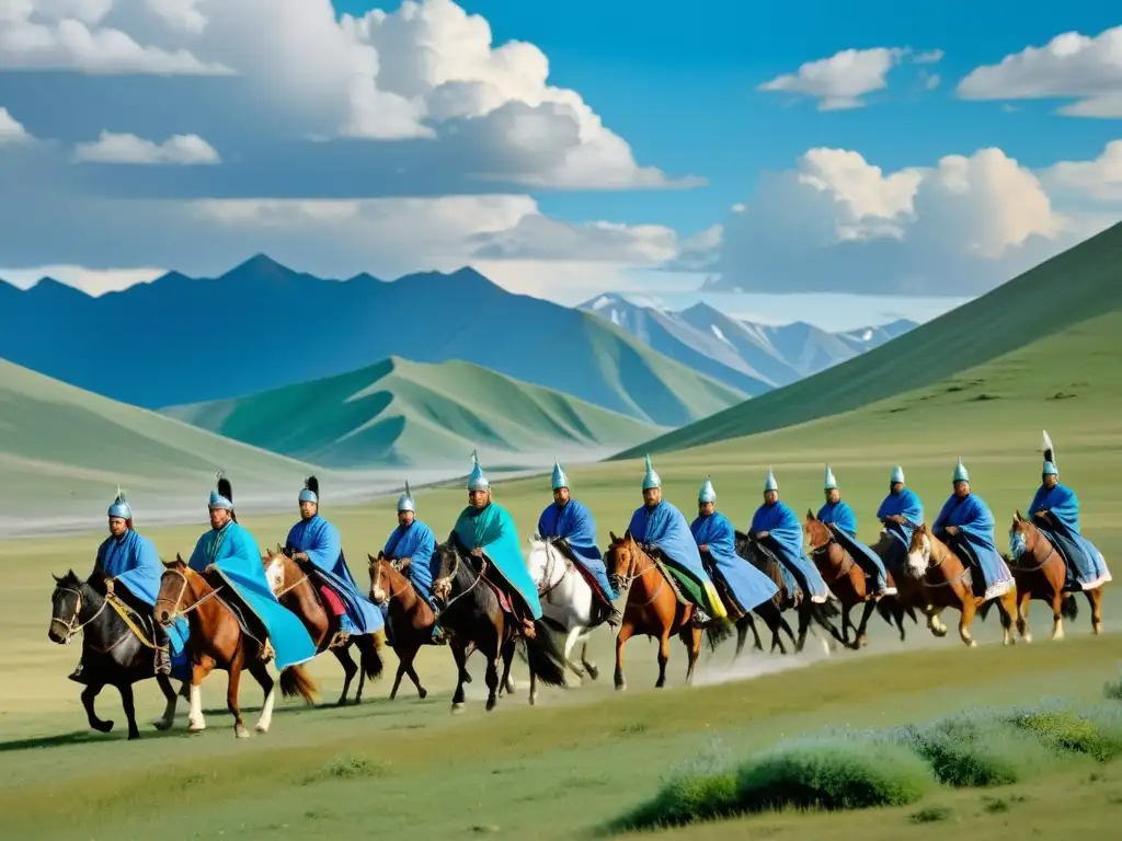 Emisarios mongoles en tierras lejanas, cabalgan en un paisaje vasto y salvaje, con sus ropas coloridas ondeando al viento en un cielo azul brillante