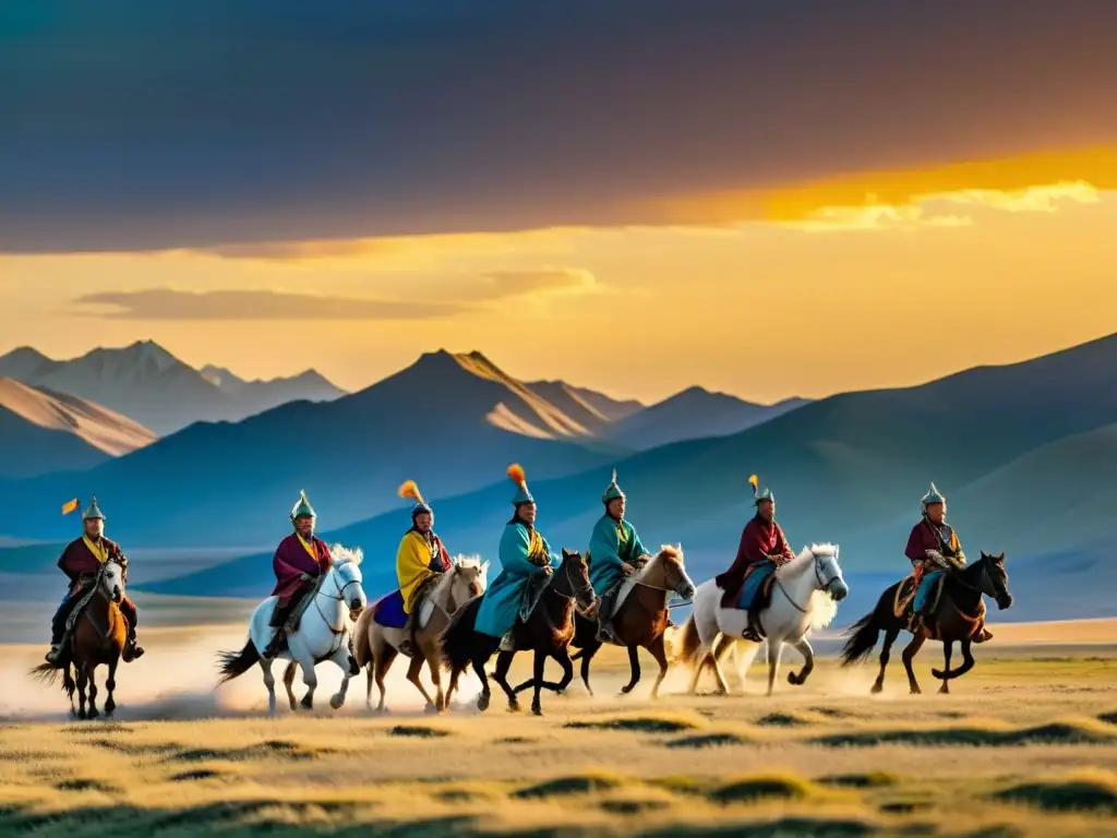 Emisarios mongoles en tierras lejanas, cabalgan con determinación por la vasta estepa al atardecer