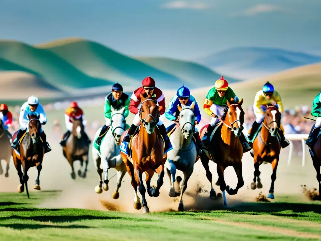 Emocionante carrera de caballos Mongolia: jinetes habilidosos compiten en la vasta estepa, rodeados de espectadores y paisajes impresionantes