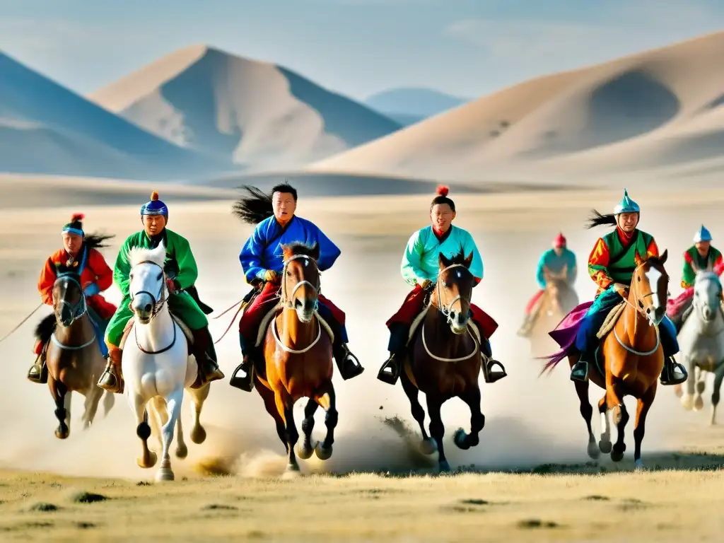 Emocionante carrera de caballos Mongolia: jinetes en la estepa, galopando con determinación en paisaje impresionante