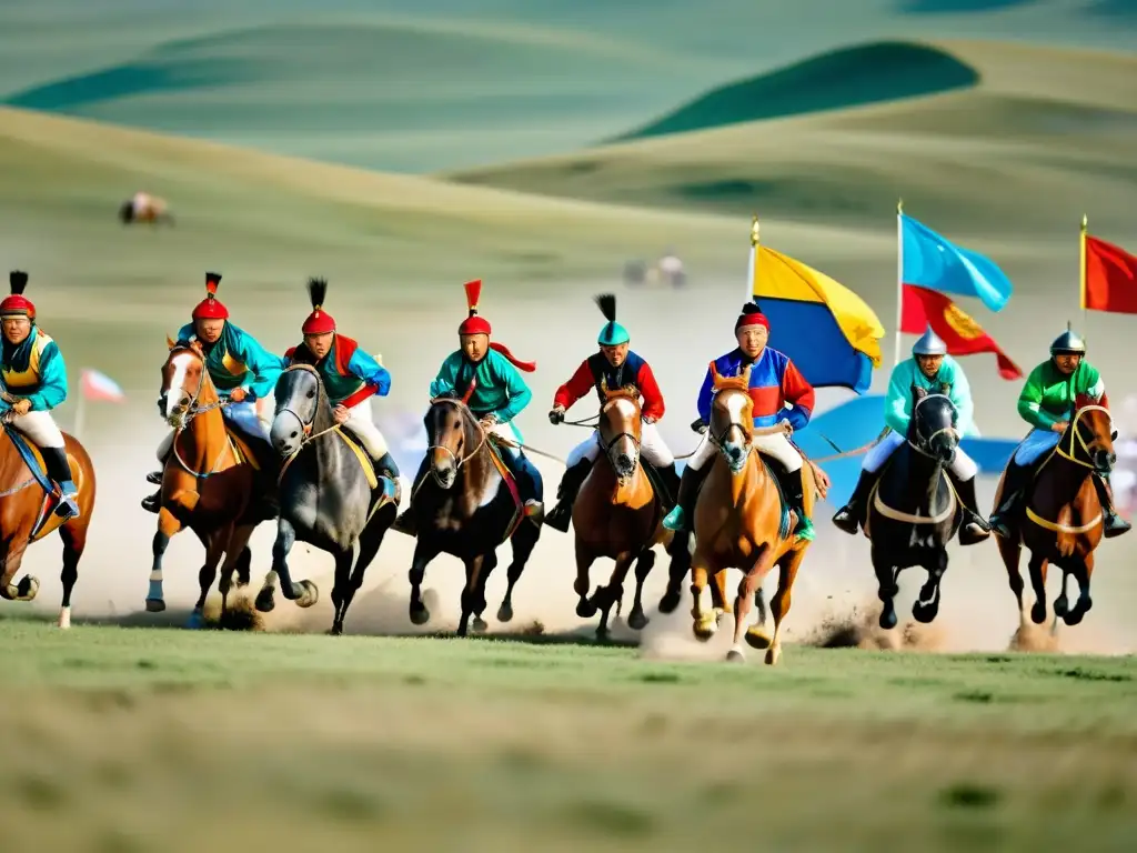 Una emocionante carrera de caballos en las vastas estepas de Mongolia, con jinetes habilidosos y espectadores animados