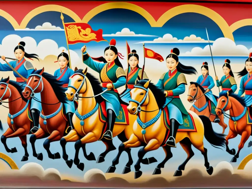 Emocionante mural de mujeres poderosas en el Imperio Mongol, liderando batallas y negociaciones diplomáticas, vestidas con armaduras tradicionales