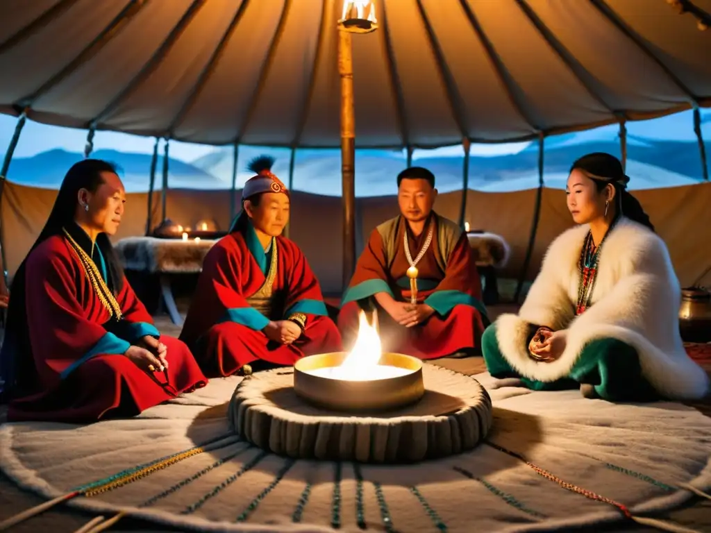 Un emocionante ritual chamánico mongol con prácticas espirituales de la vida cotidiana mongola en una yurta iluminada por velas