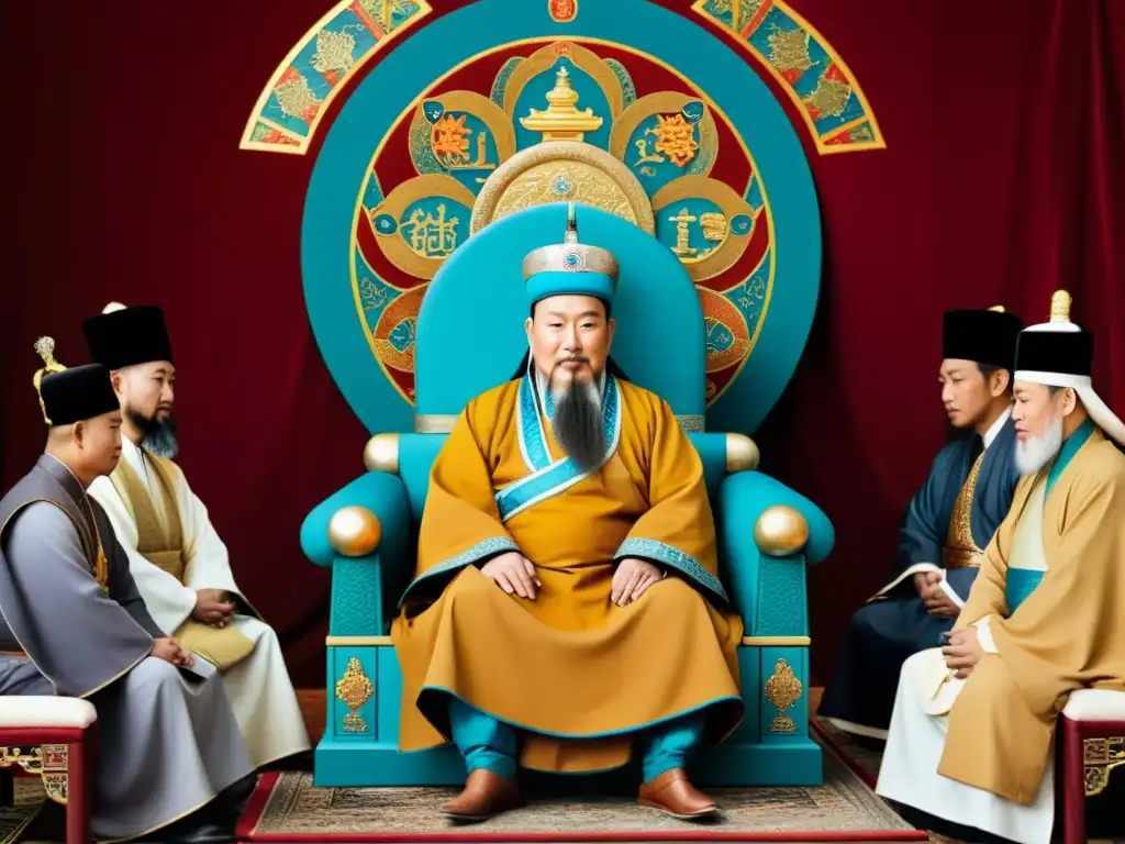 Emperador mongol mediando diálogo entre líderes religiosos de cristianismo e islam en majestuoso salón del Imperio Mongol