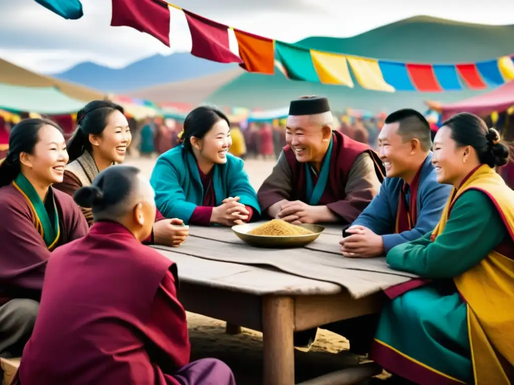 Encuentro animado entre descendientes Genghis y locales tibetanos en un bullicioso mercado, reflejando la influencia mongola en la cultura