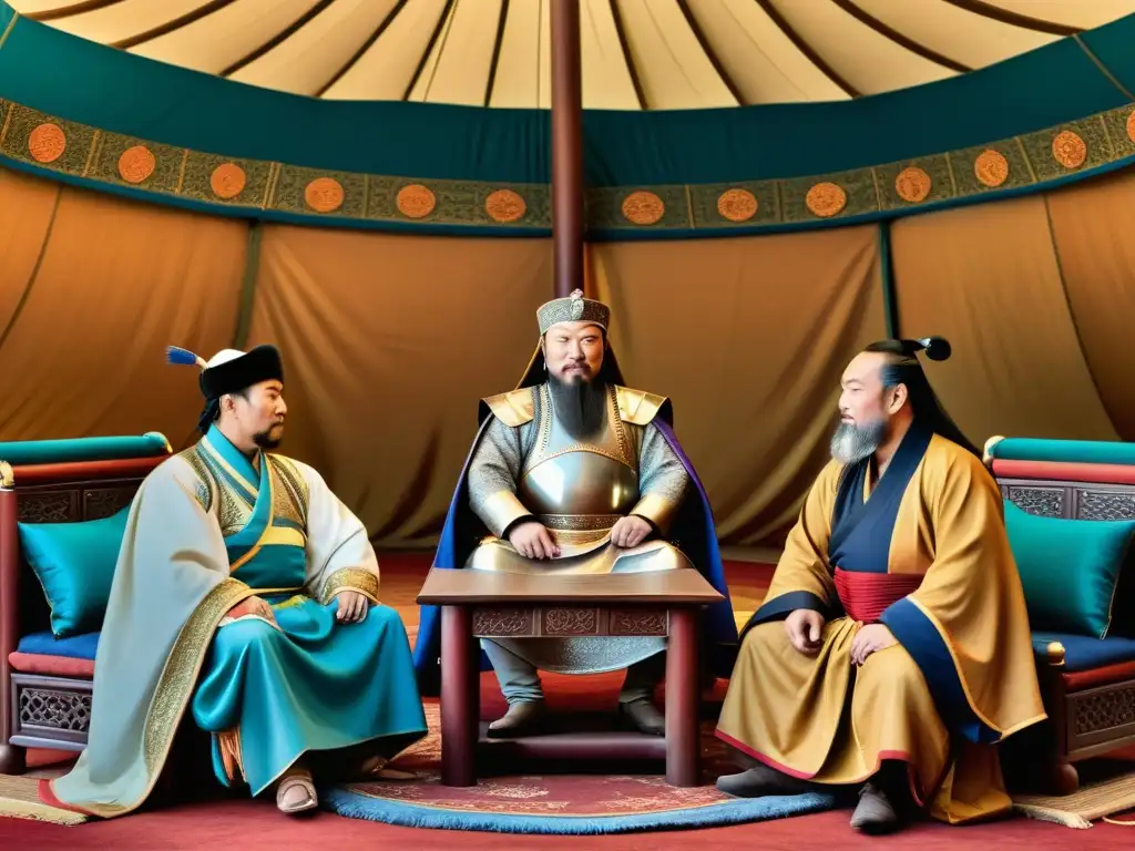 Encuentro entre Kublai Khan y Marco Polo en lujosa tienda, rodeados de asesores y guardias, reflejando poder, curiosidad y tensión histórica