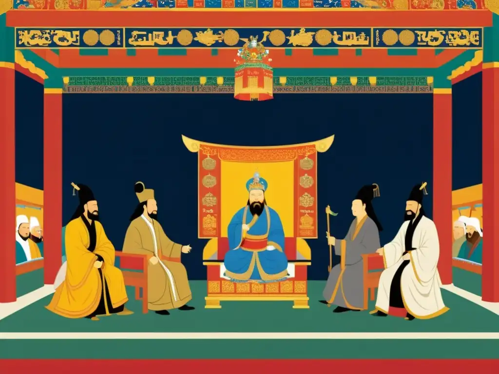 Encuentro entre Kublai Khan y Marco Polo en la majestuosa corte del Imperio Mongol, un momento de gran trascendencia cultural