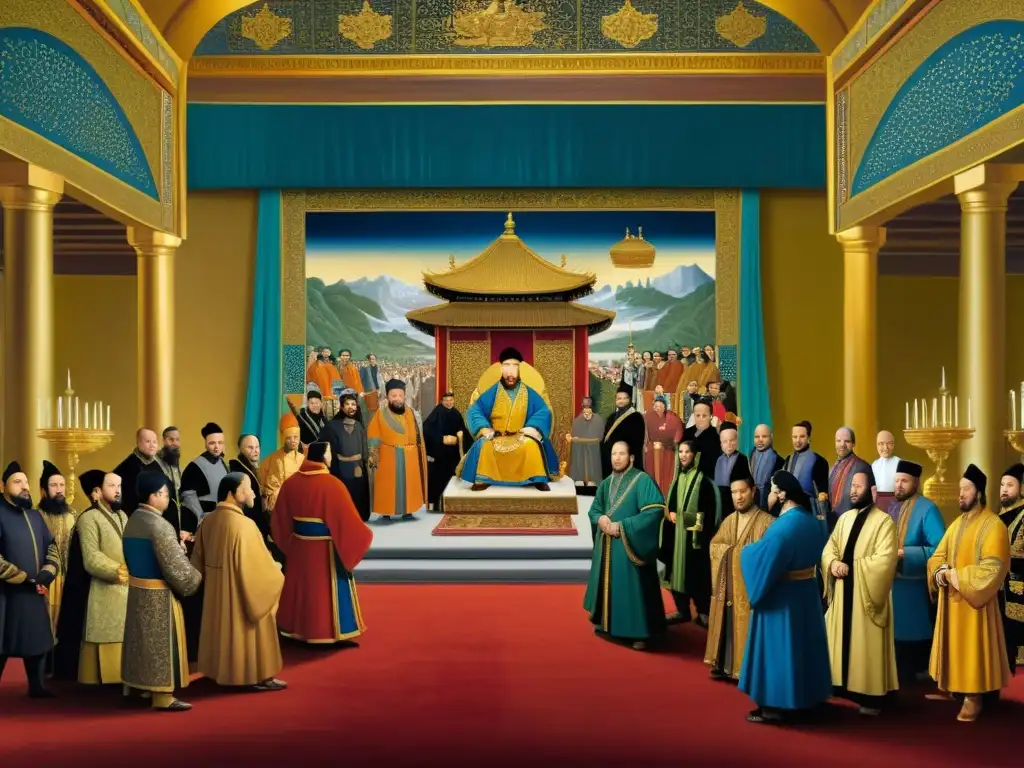 Encuentro entre Kublai Khan y Marco Polo en un majestuoso salón, rodeados de cortesanos y consejeros