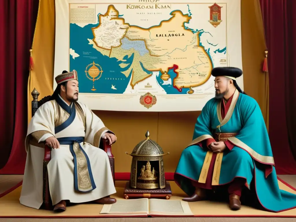 Encuentro entre Kublai Khan y Marco Polo en un palacio Mongol, con expresiones de respeto y tensión, iluminación dramática