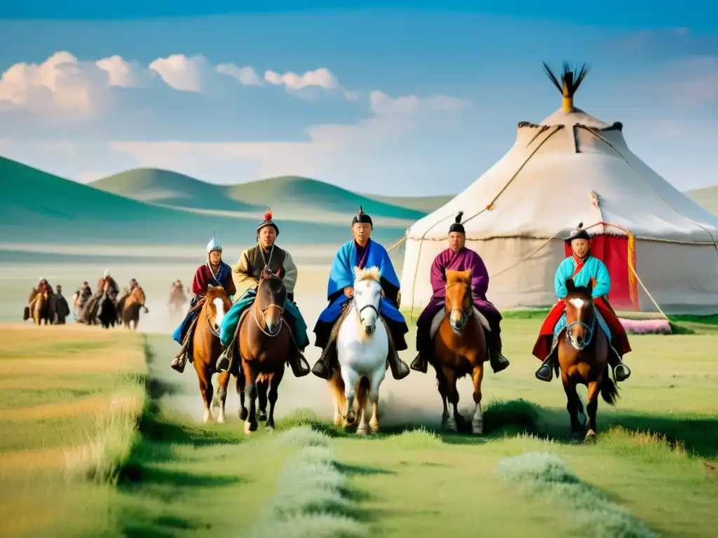 Encuentro cultural: Viajeros europeos y tribu mongola Encuentro entre viajeros europeos y tribu nómada mongol en las estepas