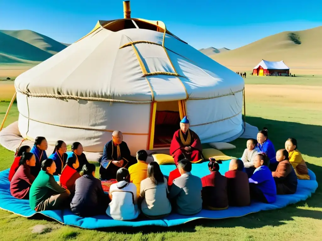 Enseñanza del idioma mongol Imperio: Maestros y estudiantes en yurta, transmiten sabiduría en la vasta estepa de Mongolia