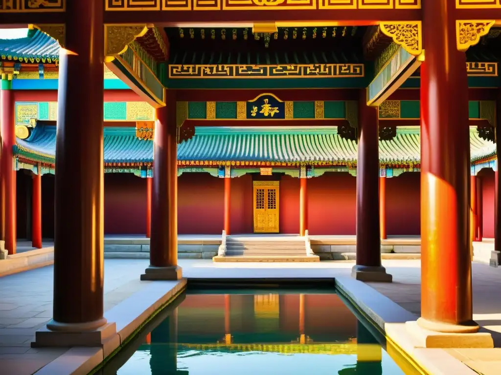 Entrada majestuosa de Xanadu, el palacio de verano de Kublai Khan, rodeada de columnas, mosaicos y jardines exuberantes, evocando ciudades perdidas y asentamientos asiáticos