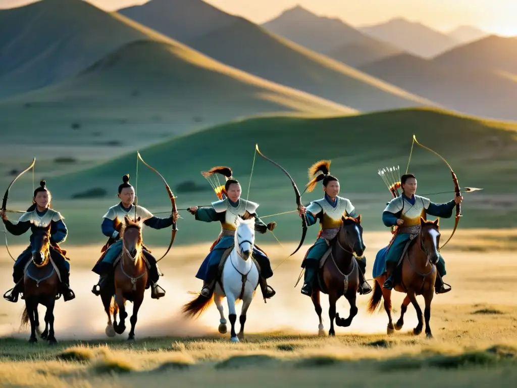 Jóvenes guerreros mongoles practicando tiro con arco a caballo al atardecer Entrenamiento militar de jóvenes guerreros en el Imperio Mongol practicando tiro con arco a caballo al atardecer en la estepa abierta
