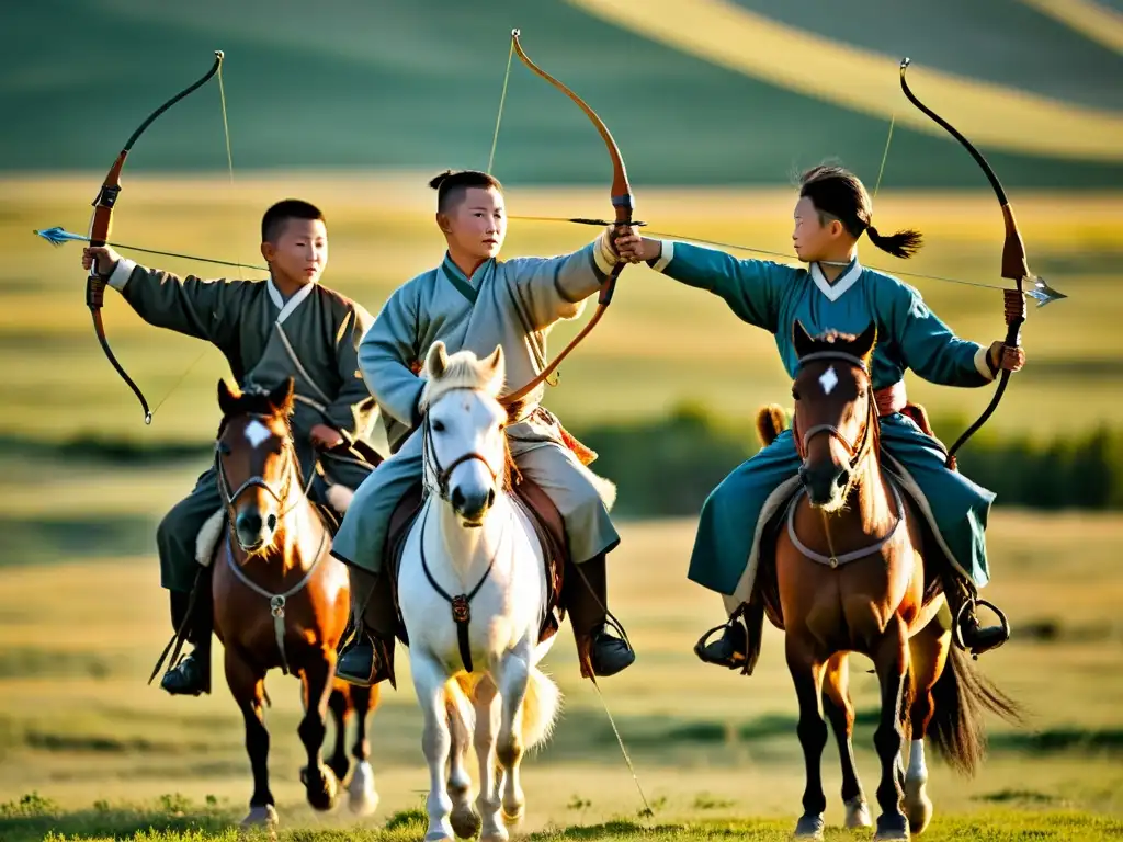 Jóvenes mongoles practicando arquería a caballo al atardecer Entrenamiento militar de jóvenes del Imperio Mongol practicando arquería a caballo al atardecer en la vasta pradera, mostrando habilidad y disciplina