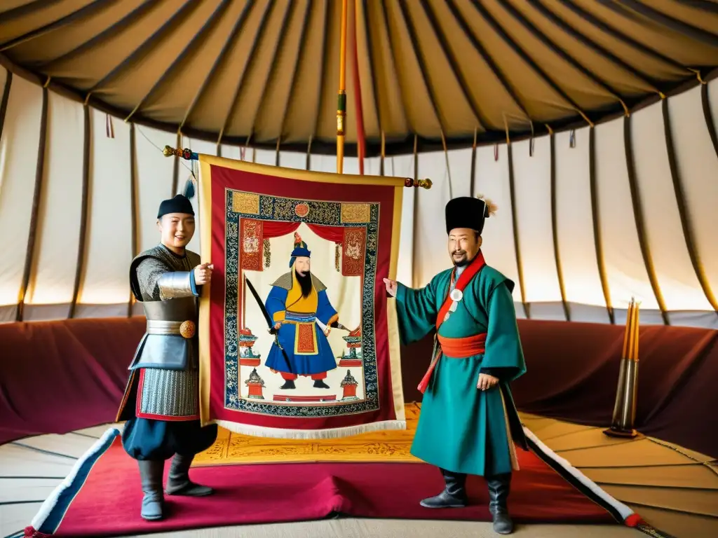 Envío diplomático del Imperio Mongol presenta pergamino de seda en yurta lujosamente decorada, expresando alianzas y conflictos Imperio Mongol