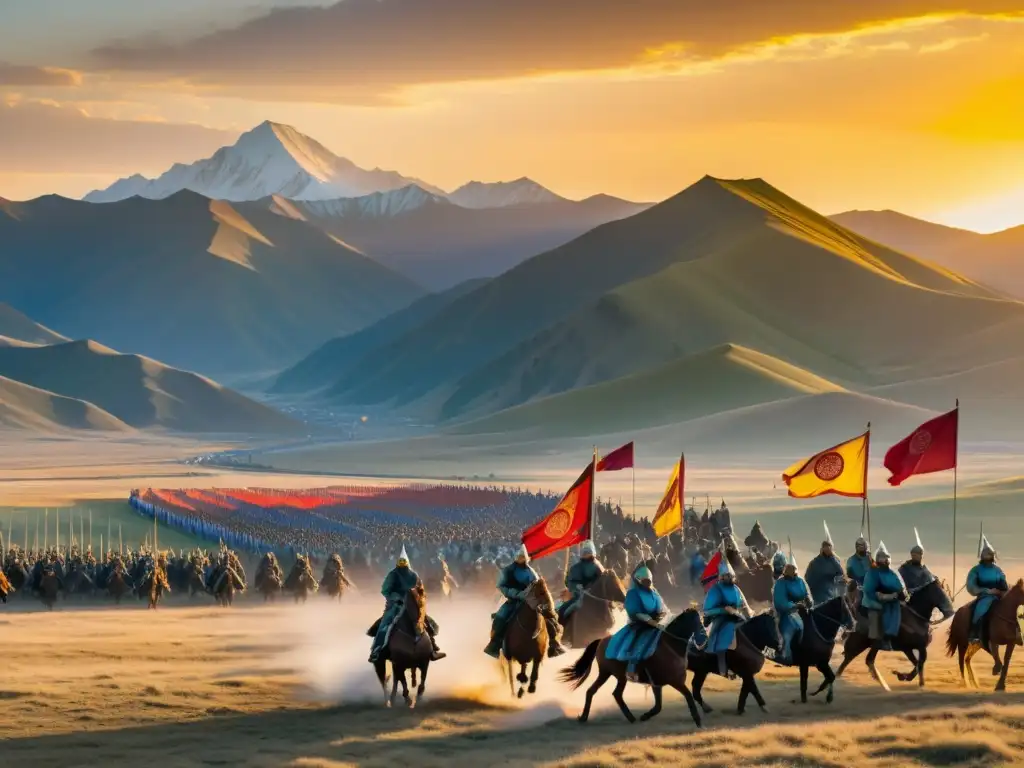 Épica batalla en el Imperio Mongol: sistema de señales y guerreros en movimiento estratégico bajo el sol poniente