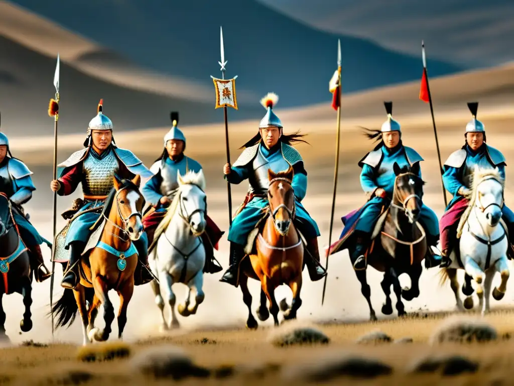 Una épica representación en 8k de guerreros mongoles a caballo, mostrando la tecnología militar del Imperio Mongol en toda su intensidad y destreza