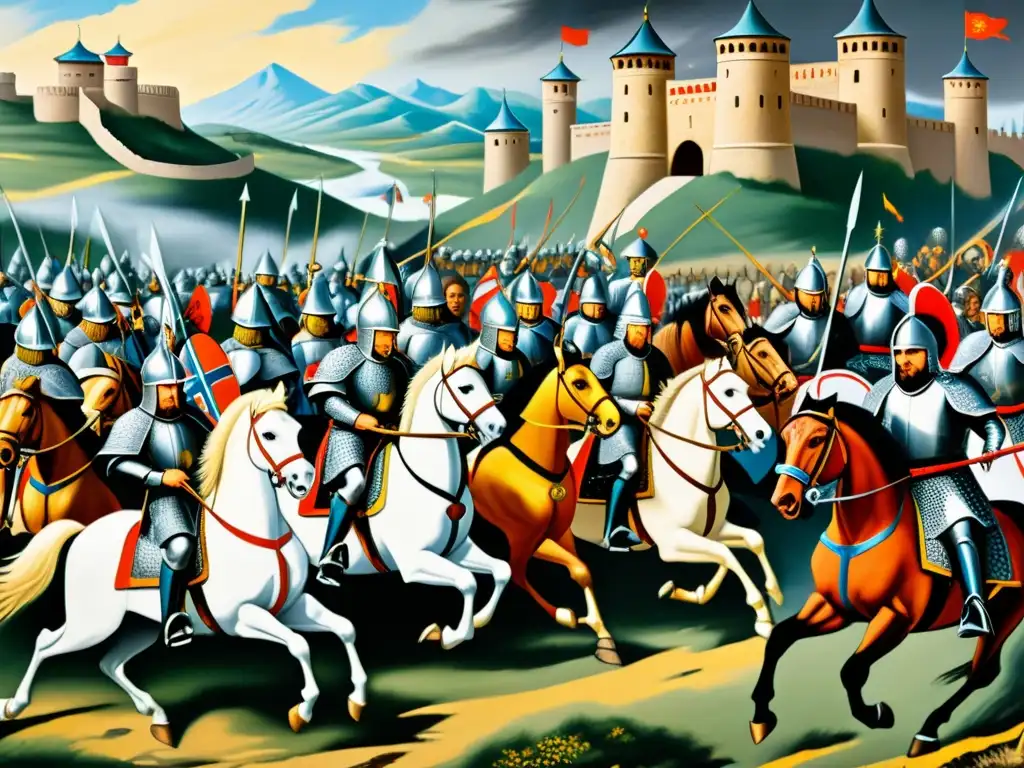 Epica pintura al óleo de una batalla entre caballeros europeos y guerreros mongoles, mostrando heroísmo europeo frente a mongoles